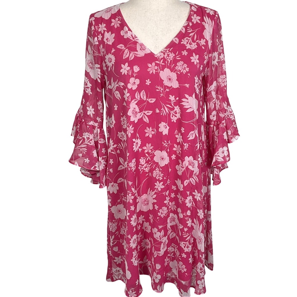 Calvin Klein Dress Women 6 Pink White Floral Party Summer Sheer Fairy Gauzy